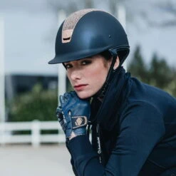 Riding Gloves V-Skin Swarovski, Imitation Leather -Equestrian Supplie Shop SAMSHIELD Rose Gold front with gloves 002 1280x1280