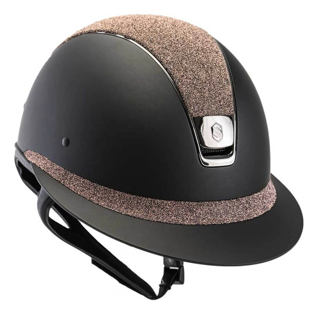 Riding Helmet Miss Shield, Crystal Fabric Rose Gold, Trim Chrome Black, Blason Chrome Black