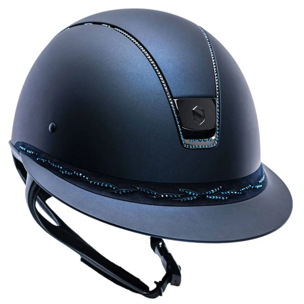 Riding Helmet Miss Shield SM, FB Flower Sw, Trim+Blazon Black Chrome, Full Sw Metallic Blu